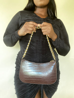 Faux Croc Chain Handbag (Brown)